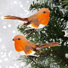 (Orange) Robin Bird Christmas Tree Decoration, Very Cute Artificial Feather Robin Bird Craft Clip On Christmas Robin Bird Decoration