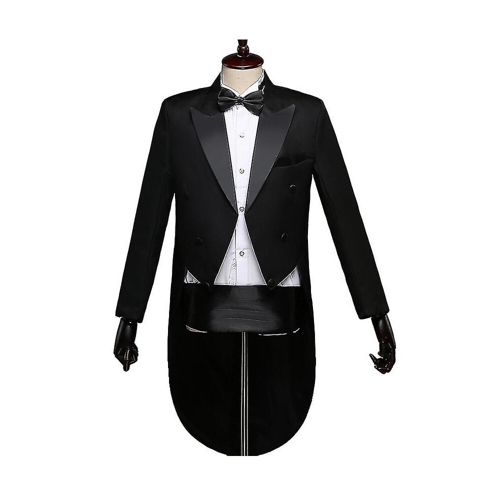 (BLACK, 2XL) 2023 New Men Tailcoat Tuxedo Suit Trousers Set, Men's Tuxedo Trousers Suit With Bow Tie