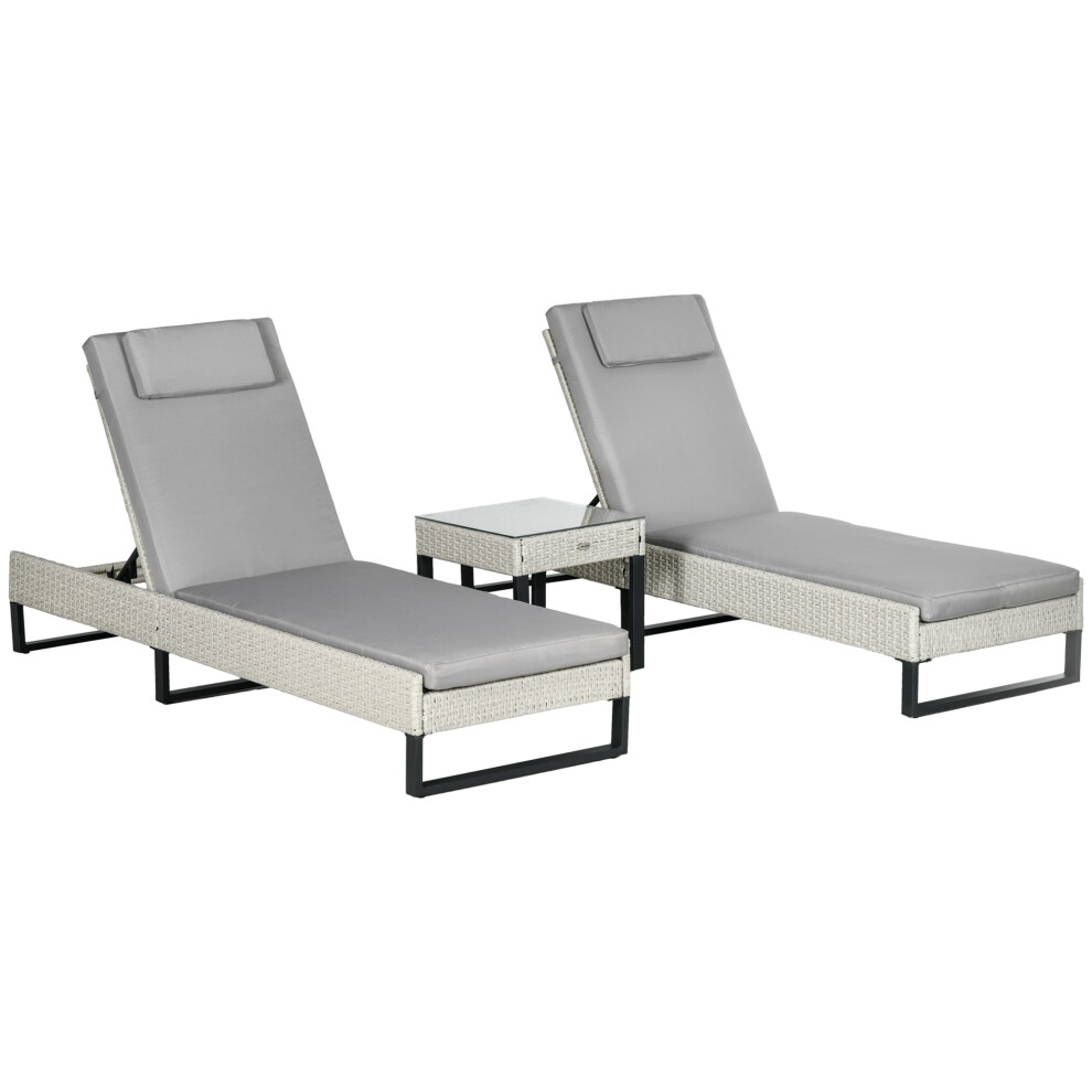 Outsunny Rattan Sun Lounger Set W/ Cushions, 5-Level Chaise Lounge Chairs, Grey