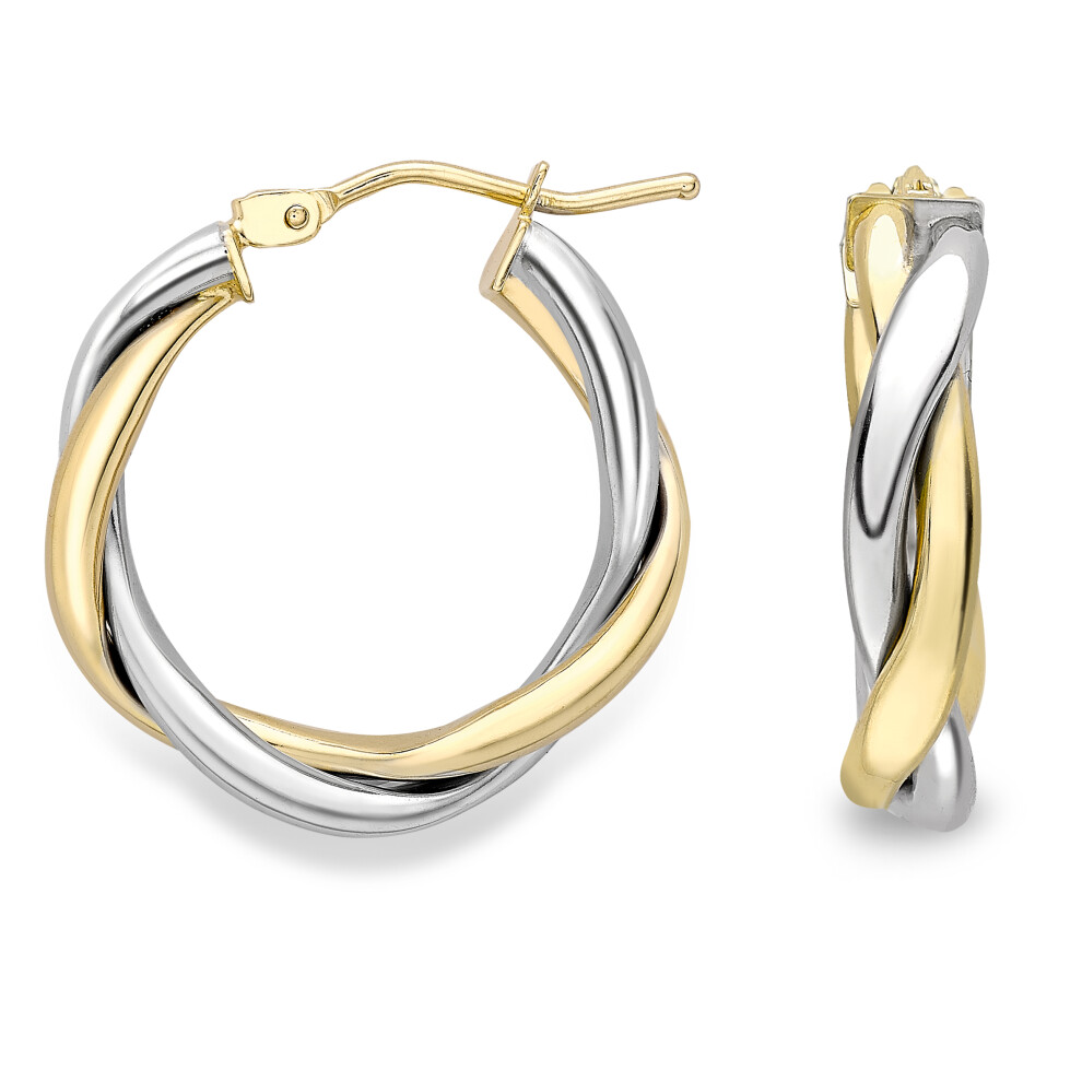 Jewelco London 9ct White & Yellow Gold Double Triangular Twist Hoop Earrings - ERNR02617