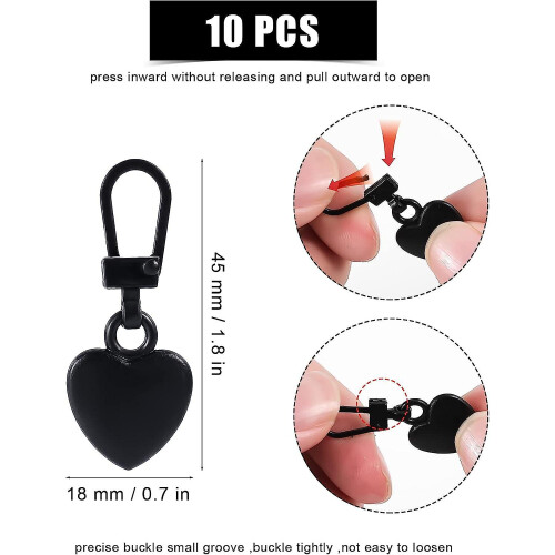 10pcszipper Pull Replacement, Detachable Metal Zipper Pull Kit Heart Shaped Zipper Pulls For Coats Backpacks Jackets Pants Jeans Suitcase Purses Handb 2