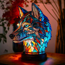 (wolf shape) Stained Glass Table Lamp Animal Shap Moroccan Night Stand Lamp, Bohemian Painting Night Light Decorative Bedside Lamps Decor