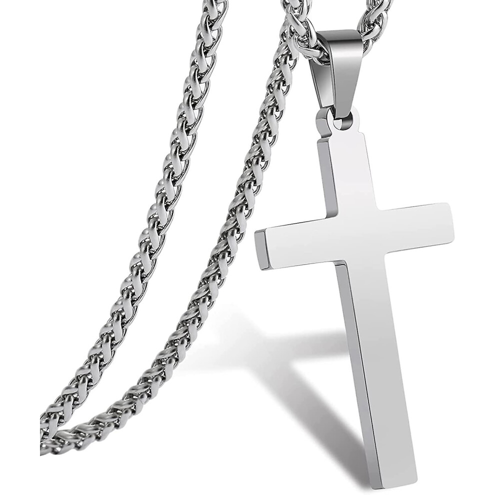 (Silver, 16 Inches) Cross Necklace For Men Boys Women 16-24 Inches Stainless Steel Cross Pendant Chain Religious Gift