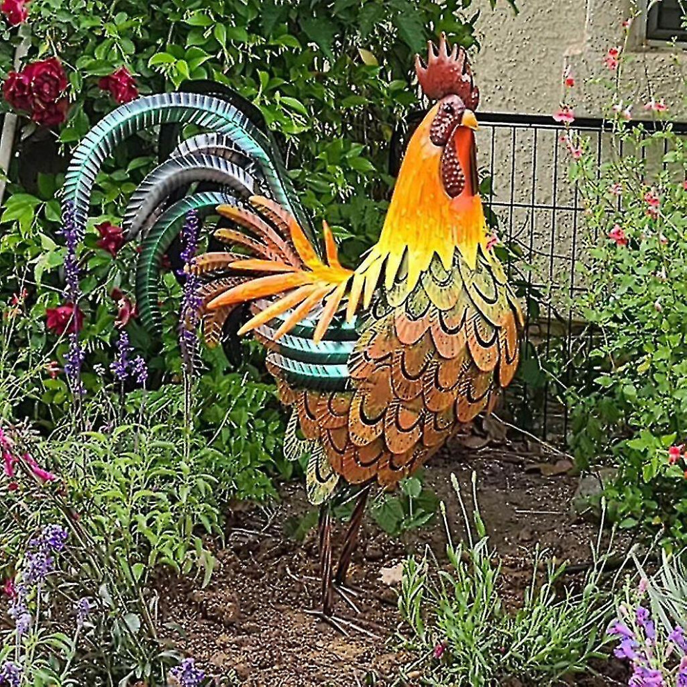 Rooster Garden Ornament Statue, Standing Metal Rooster Animal Figurine Sculpture 2d Colorful Chicken Garden Figurine Garden Decor Ornament Arts Crafts