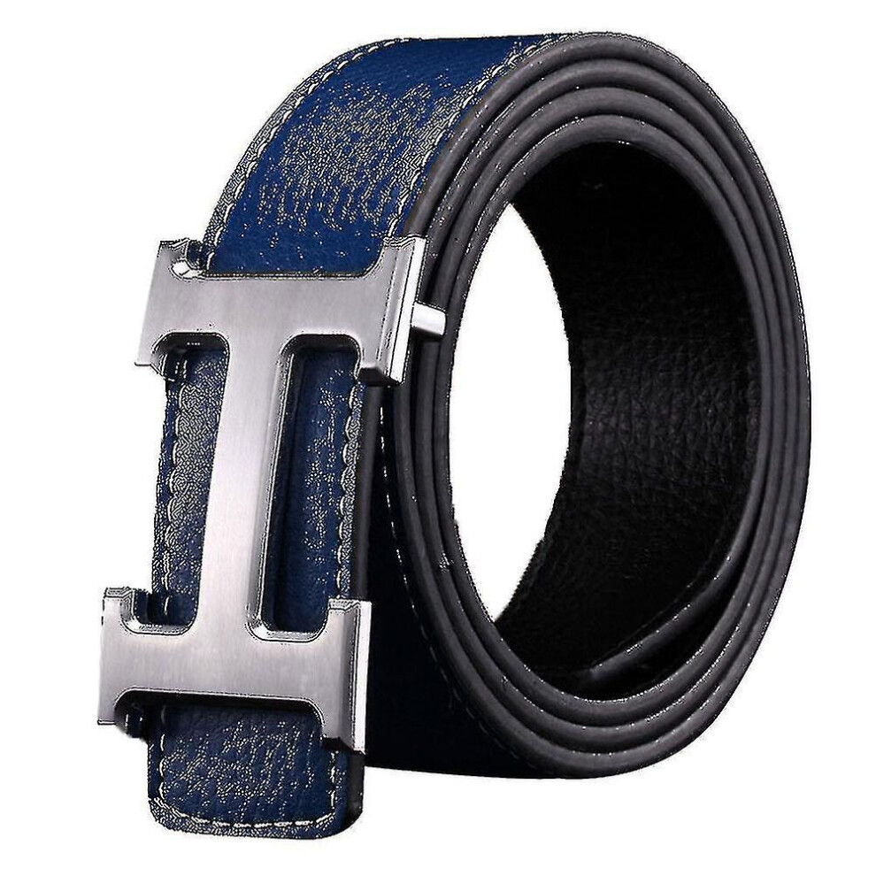 (Blue-silver buckle) Business Leisure Pu Leather H Smooth Buckle Litchi Grain Belt For Men
