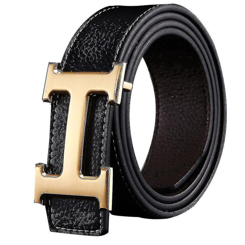 (Black gold buckle) Business Leisure Pu Leather H Smooth Buckle Litchi Grain Belt For Men