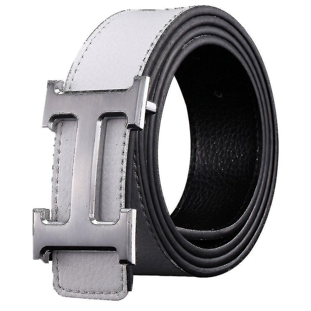 (White Silver) Business Leisure Pu Leather H Smooth Buckle Litchi Grain Belt For Men