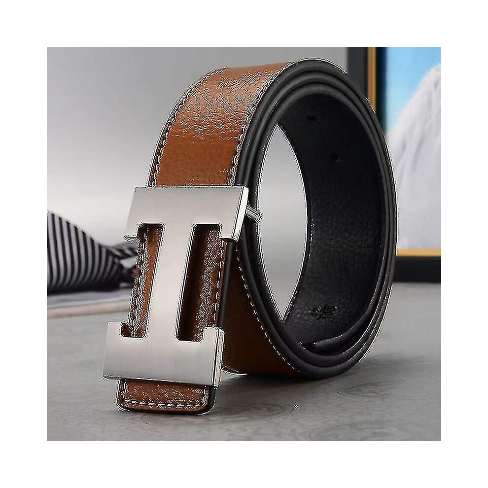 (Earthy yellow silver buckle) Business Leisure Pu Leather H Smooth Buckle Litchi Grain Belt For Men