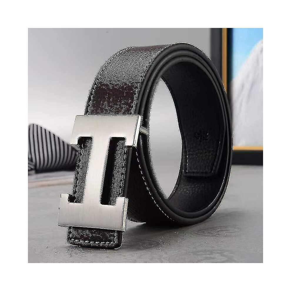 (Coffee silver buckle) Business Leisure Pu Leather H Smooth Buckle Litchi Grain Belt For Men