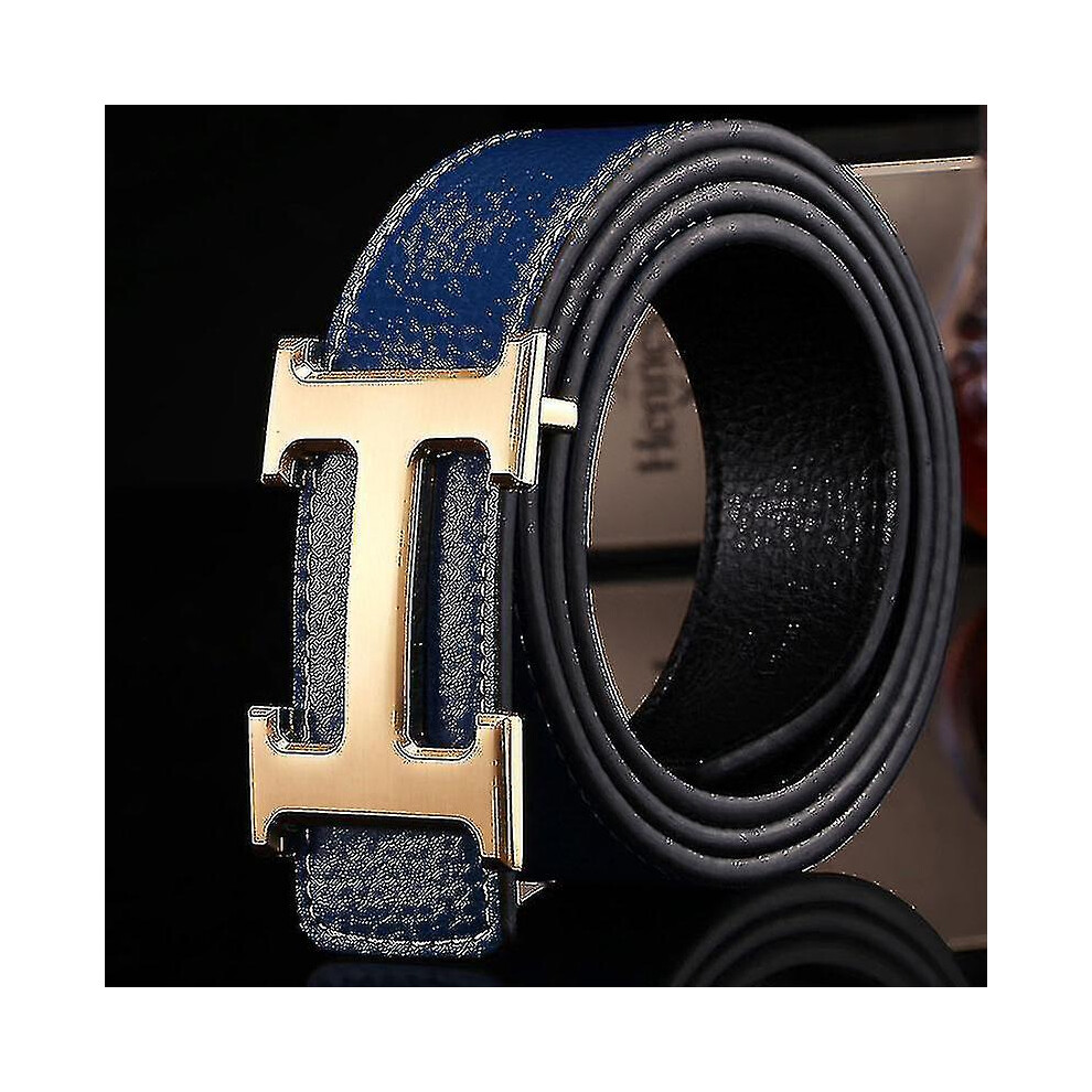 (Blue gold buckle) Business Leisure Pu Leather H Smooth Buckle Litchi Grain Belt For Men