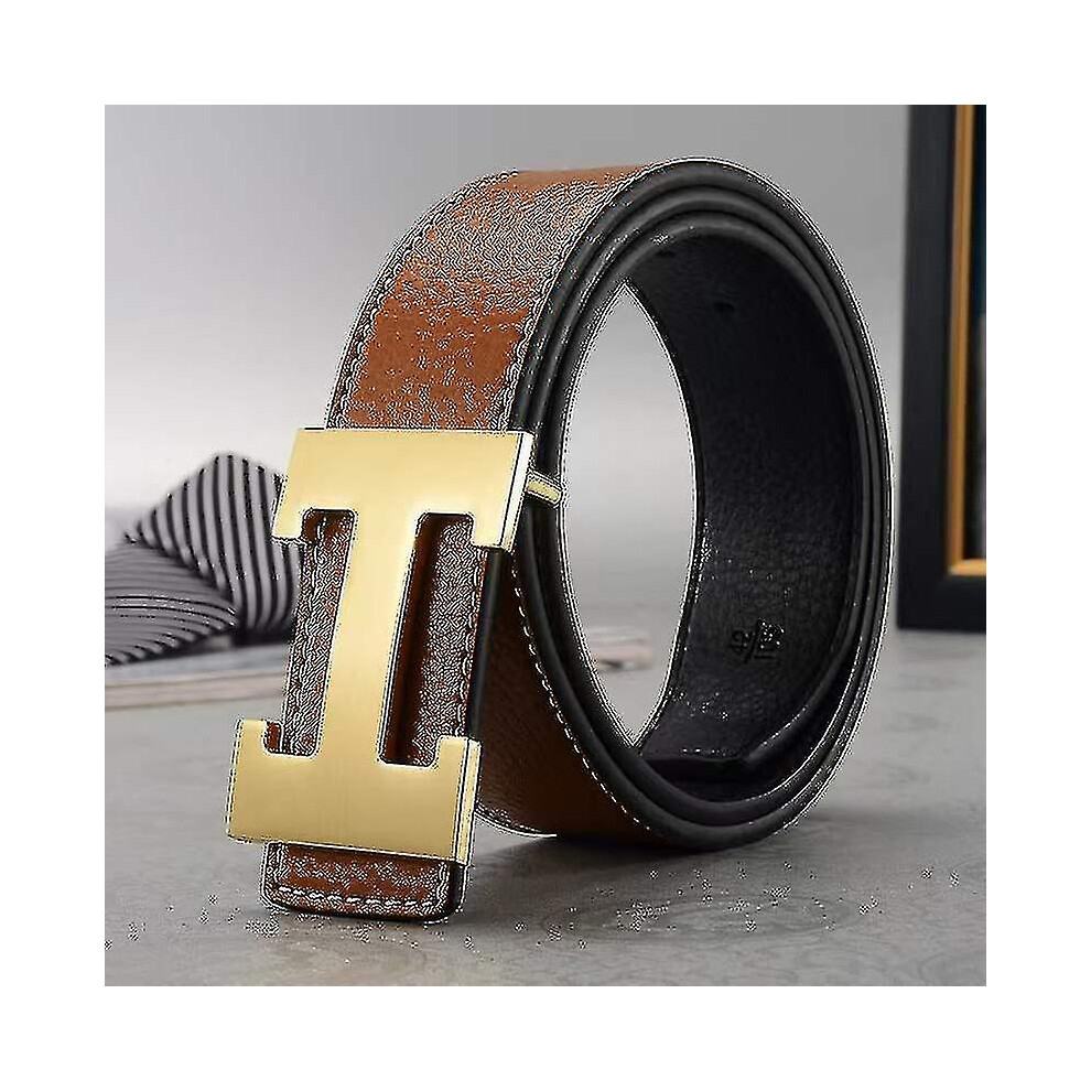 (Earthy yellow gold buckle) Business Leisure Pu Leather H Smooth Buckle Litchi Grain Belt For Men