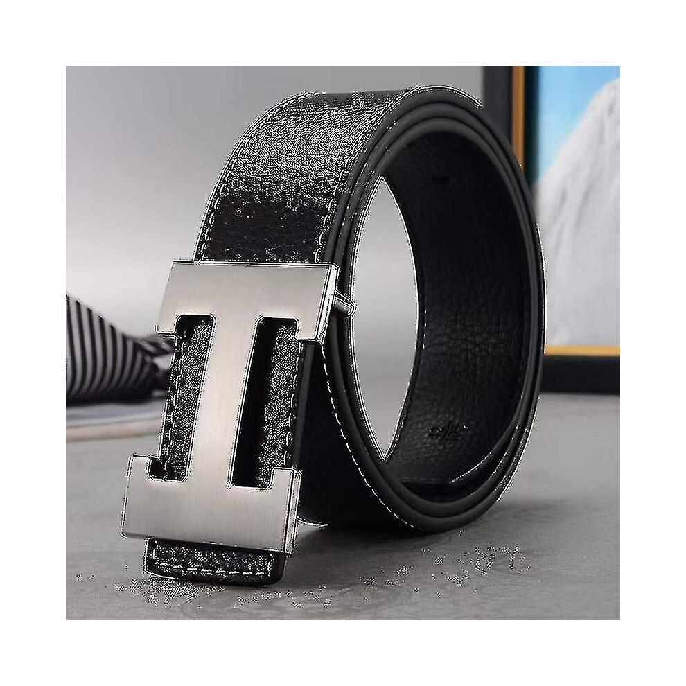 (Black silver buckle) Business Leisure Pu Leather H Smooth Buckle Litchi Grain Belt For Men