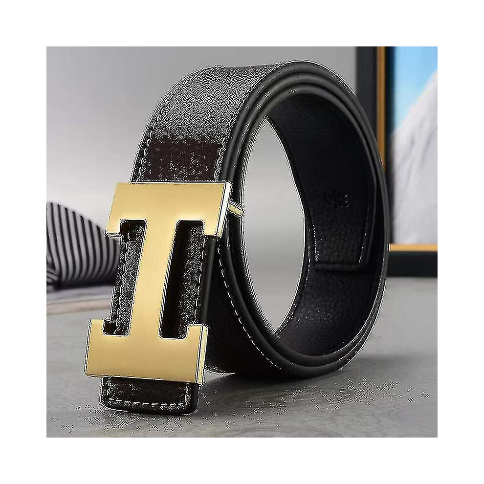 (Coffee gold buckle) Business Leisure Pu Leather H Smooth Buckle Litchi Grain Belt For Men