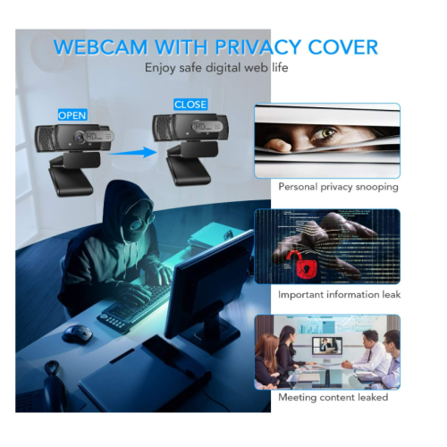 Webcam 1080P para computador, câmera USB de vídeo com microfone para PC e laptop, plug and play (preta) 2
