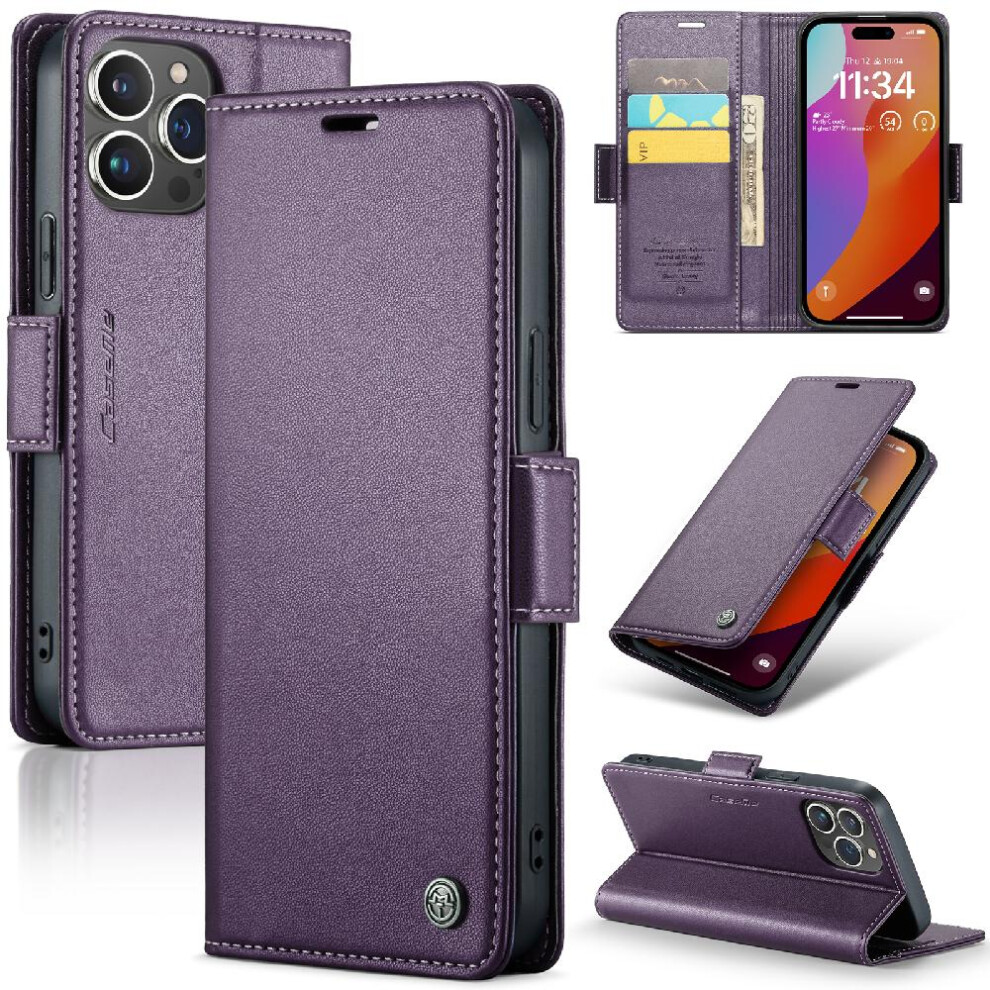 (Purple) Caseme Case For Iphone 15 Pro Max Wallet Case Shockproof Case Kickstand Anti Fraud Card Slot Purple 764762654696