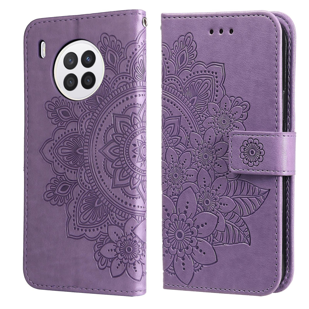 (Light Purple) Flowers Embossed Pu Case For Huawei Nova 8i / Honor 50 Lite