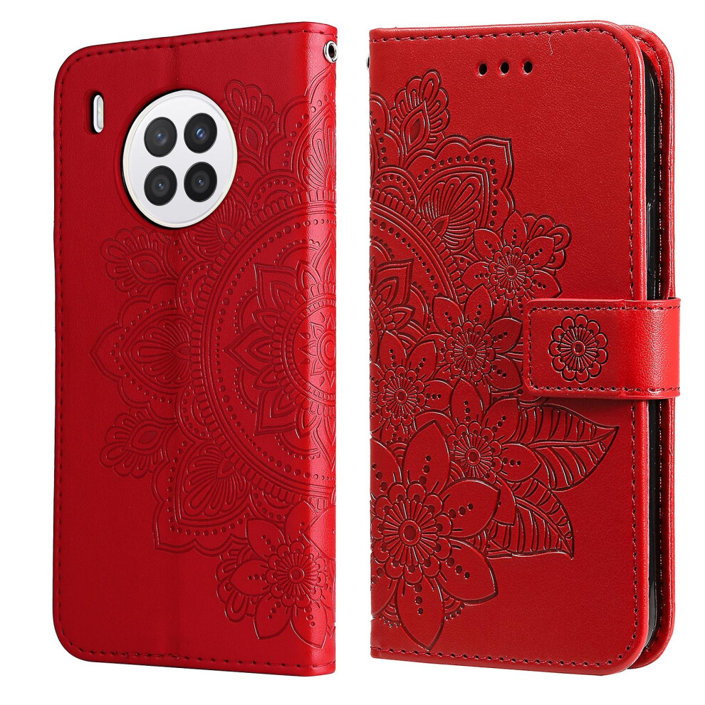 (Red) Flowers Embossed Pu Case For Huawei Nova 8i / Honor 50 Lite