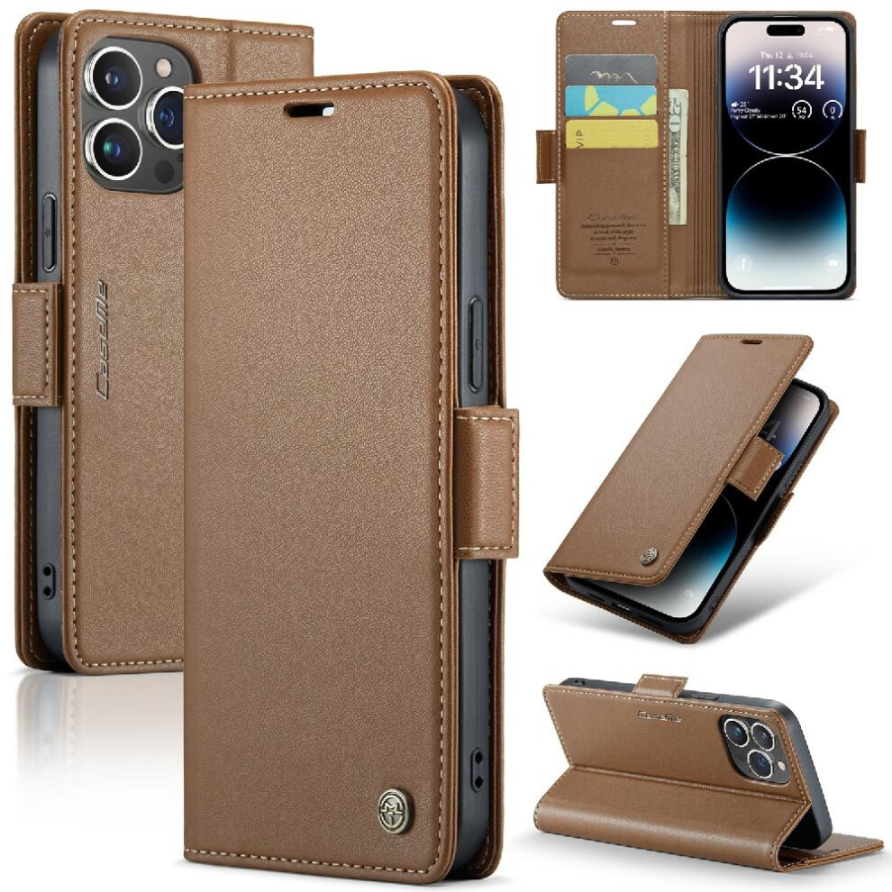 (Brown) Caseme Case For Iphone 14 Pro Max Anti Fraud Kickstand Wallet Case Card Slot Shockproof Case Brown 764762655440