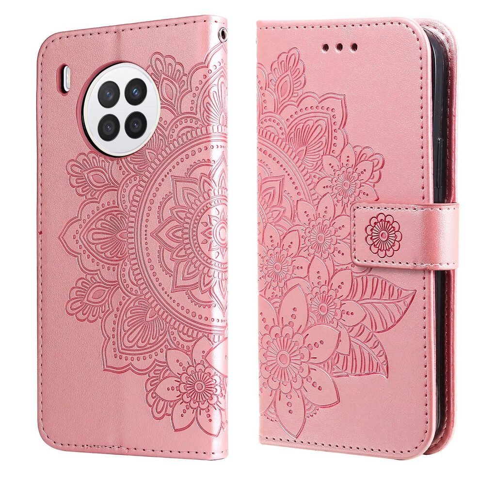 (Rose Gold) Flowers Embossed Pu Case For Huawei Nova 8i / Honor 50 Lite
