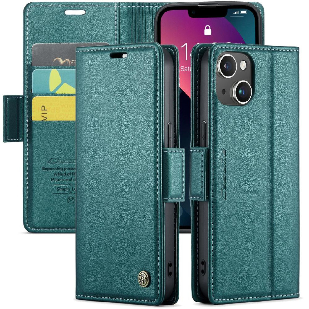 (Green) CaseMe Case For IPhone 14 Anti Fraud Kickstand Wallet Case Card Slot Shockproof Case