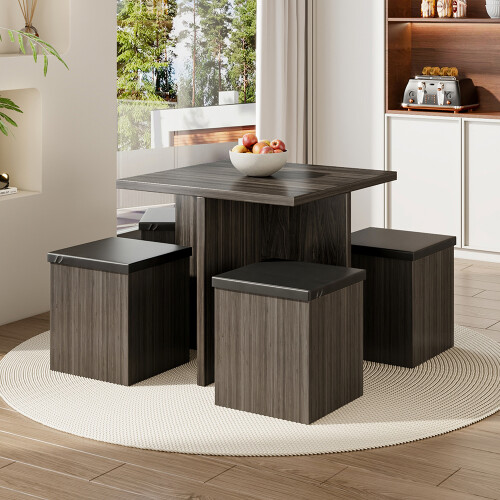 Living And Home Dining Table and Chairs Set Grey Wooden Table and 4 Storage Stools Dining Set