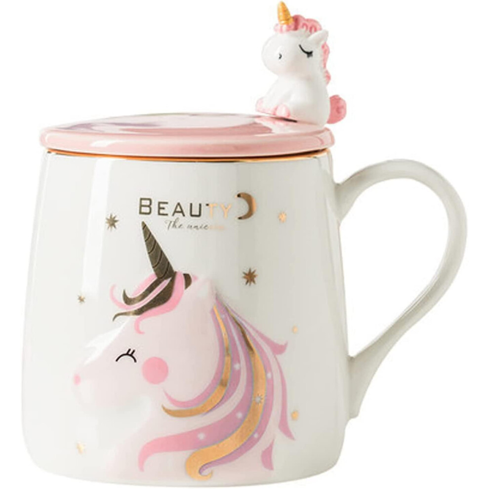 Unicorn Mug With Spoon Lid Kid Cartoon Mlik Mug Nordic Style Ceramic Coffee Cup Tea Cup Gift Office Home (unicorn Pink Moon, 380 Ml)-image-OPC-PDRZHD9-NEW