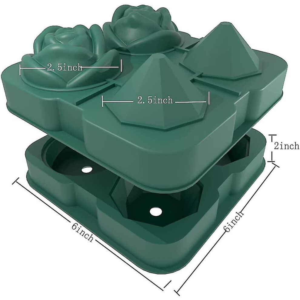 (Green) Ice Cube Tray, 2.5 Inch Ice Cube Silicone Molds, 2 Cavity Rose