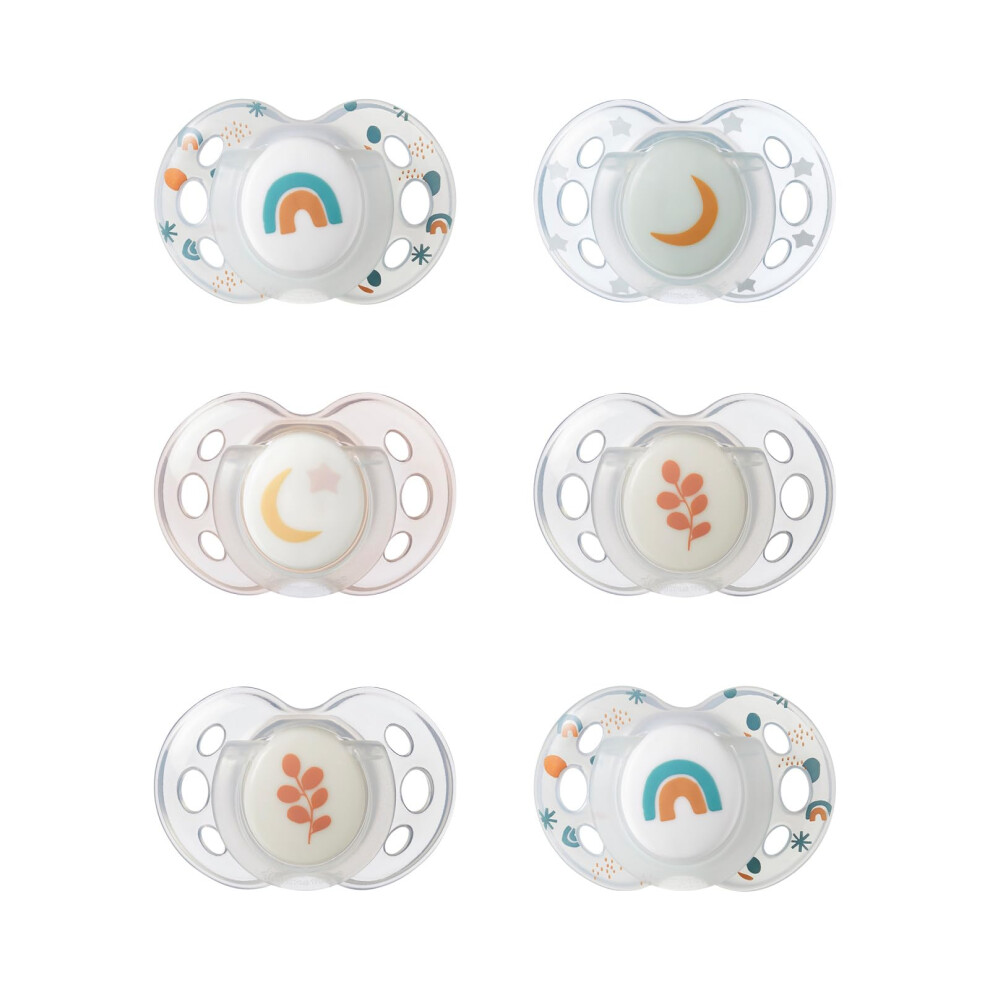 Nighttime soother, 18-36 months, 6 pack of glow in the dark soothers with symmetrical silicone baglet