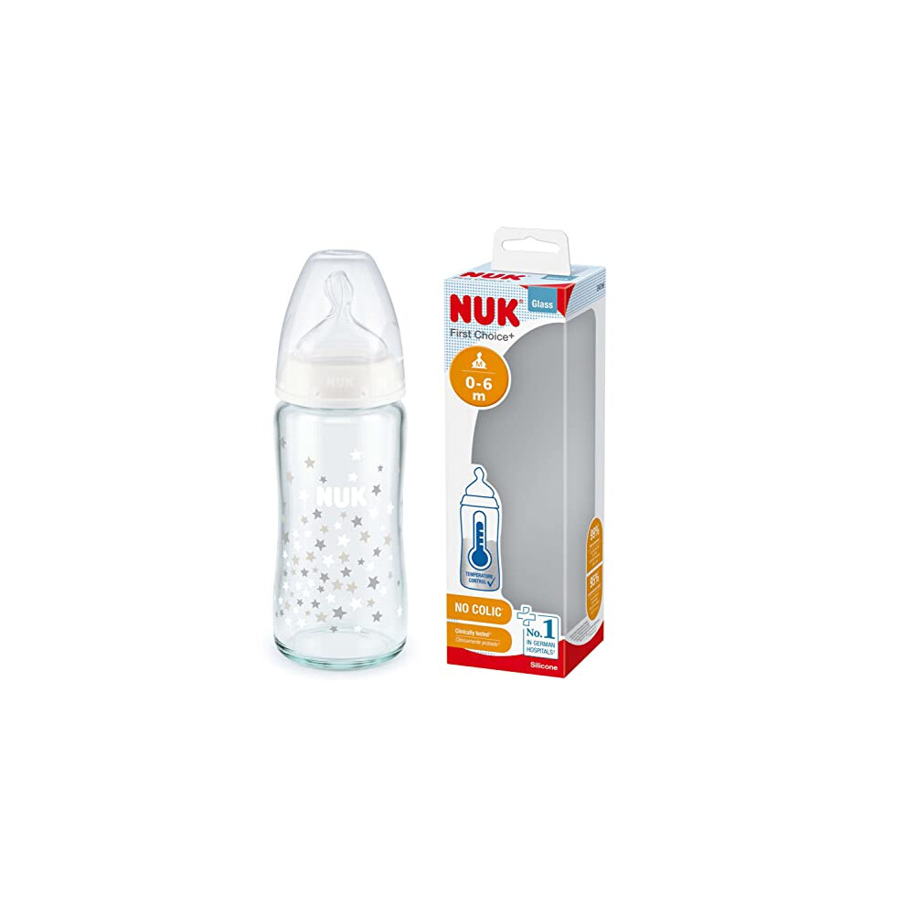 First Choice+ Glass Bottle | 0-6 Months | Temperature Control | Silicone Teat | Anti-Colic Valve | BPA Free | 240ml