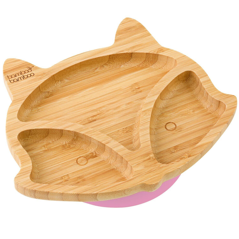 Baby And Toddler Suction Plate For Feeding And Weaning | Bamboo Fox Plate With Secure Suction | Suction Plates For Pink Bamboo Bamboo