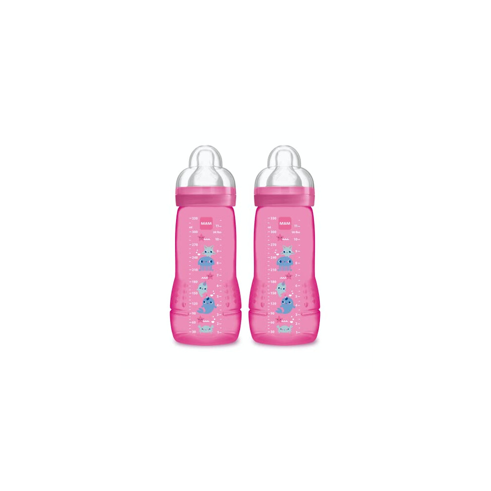 Easy Active Feeding Bottle, 2 x 330ml - 6+ Months - X-Flow Teat - Ultra-Fast Speed - Pink