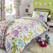 Kids Girls Dinosaur Park Jurassic Pink T-Rex Dino White Reversible Toddler Cot Bed Bedding Duvet Cover Set