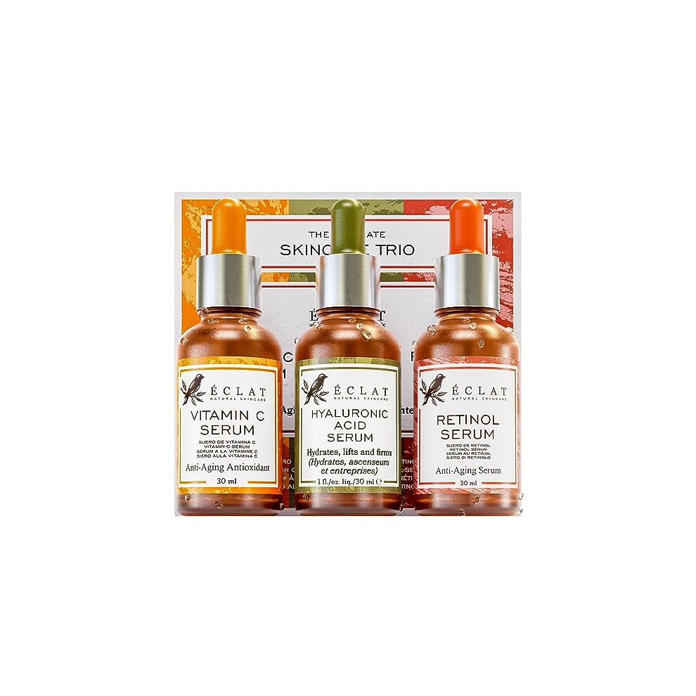 Eclat Skincare 3 Facial Serum - Vitamin C Face Serum, Retinol Serum For Face, Hyaluronic Acid Serum For Face - Skincare Trio Anti Aging