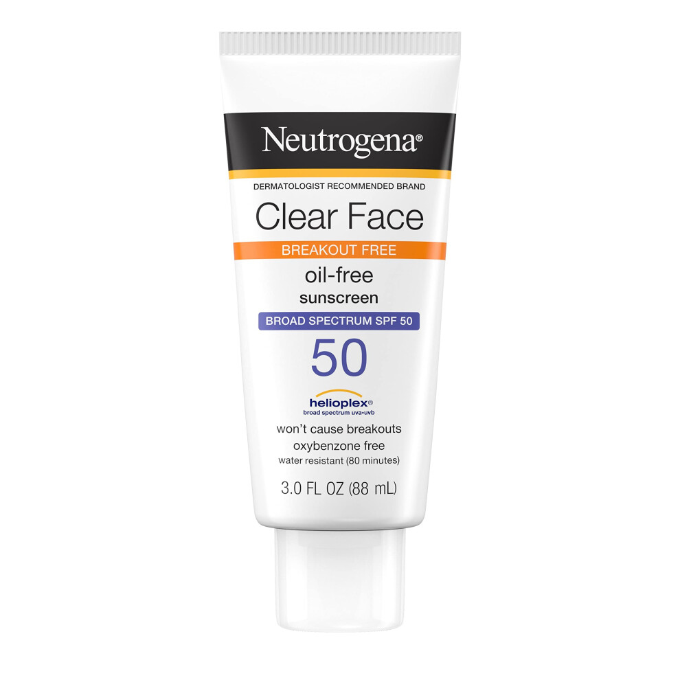 Clear Face Liquid Lotion Sunscreen for Acne-Prone Skin, Broad Spectrum SPF 50 UVA/UVB Protection, Fragrance & Oxybenzone