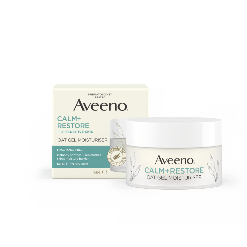 Aveeno Face Calm+Restore Oat Gel Moisturiser, 24-Hour Moisturisation, With Prebiotic Oat & Calming Feverfew, Fragrance Free,
