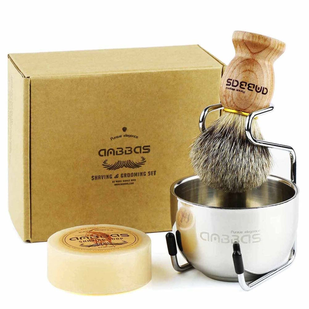 Shaving Set, 4pcs Badger Hair Shaving Brush Wood Handle and Stainless Steel Shaving Brush Stand with 2 Layers Stainless