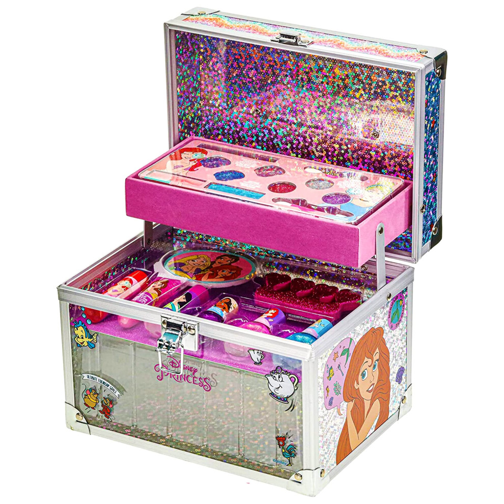 Disney Princess Train Case Makeup Set for Kids | Makeup Kit Includes Lip Gloss, Nail Polish, Accessories & More | Gifts