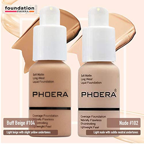 Phoera Foundation Full Coverage Makeup Set - Includes Nude & Buff Beige 30ml Matte Foundation, 6ml Face Primer & Cool 1