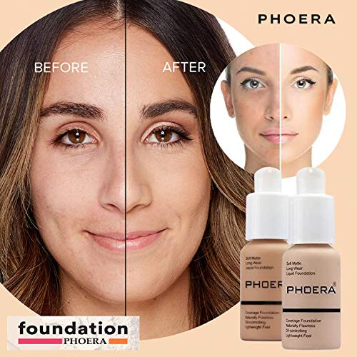 Phoera Foundation Full Coverage Makeup Set - Includes Nude & Buff Beige 30ml Matte Foundation, 6ml Face Primer & Cool 2