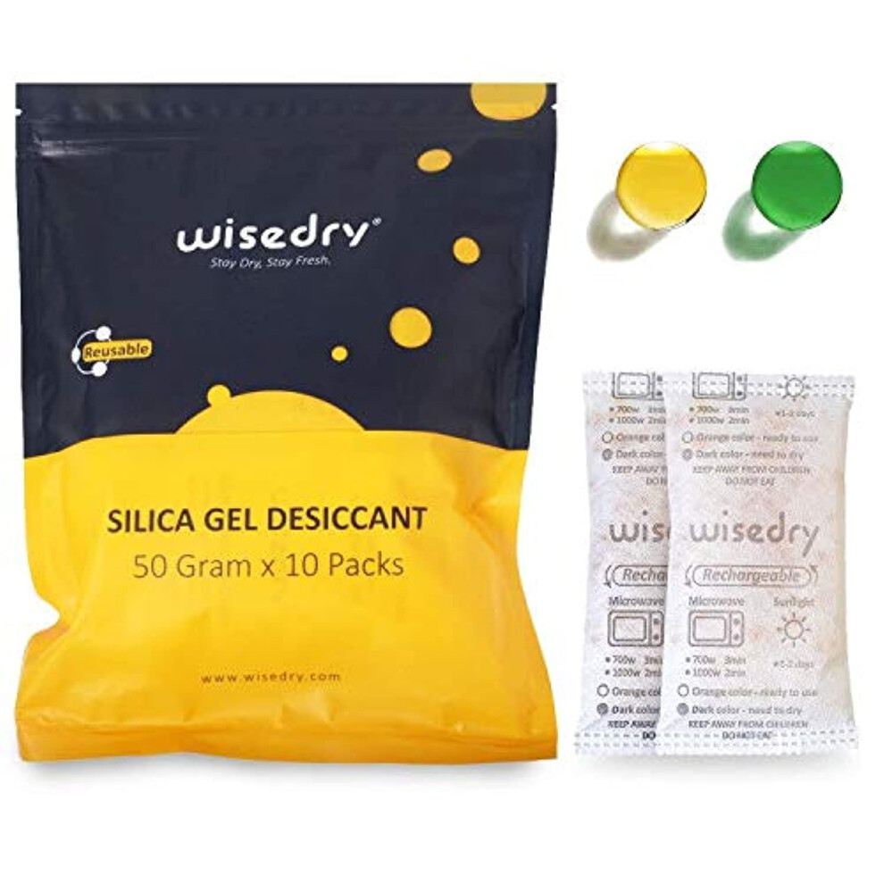 50 Gram [10 Packs] Silica Gel Desiccant Sachets Microwave Fast Reactivate Desiccant Bags with Indicating Beads for