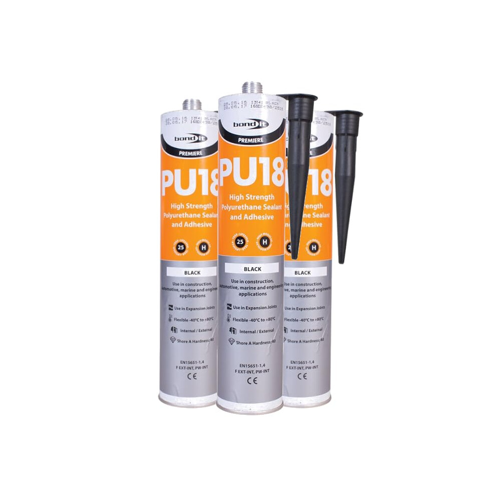 (3 Tubes) Pu18 Black Polyurethane Sealant Adhesive Strong Flexible For Construction, Auto And Marine Applications. Non 5000226313200