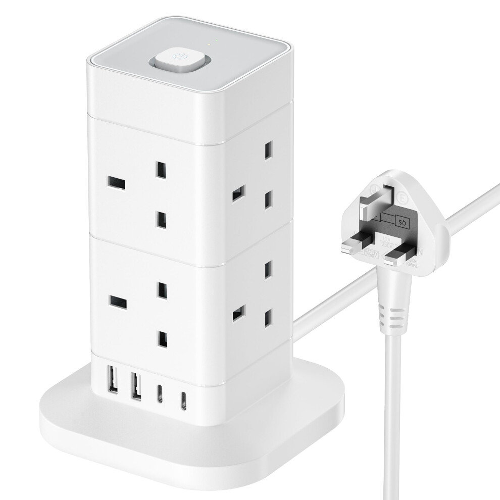 Tower Extension Lead with USB Slots, Hotimy 8 Way 4 USB (2 USB-A&2 USB C) Multi Plug Extension Towerï¼Surge Protected