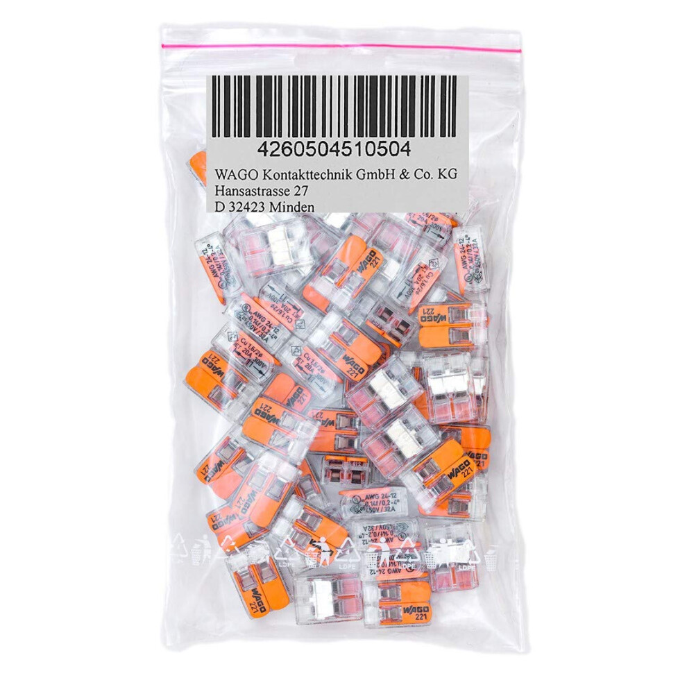 50 Pieces 221-412 Connection Terminal 2 Wires with Lever 0,2-4 qmm Small Design, Transparent