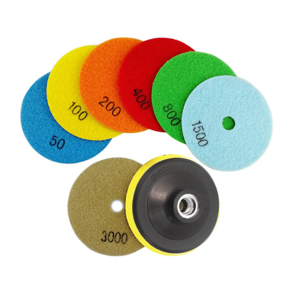 Dry Diamond Polishing Pads 7Pcs Set Mixed Grits And A M14 Plastic Pad Attachment For Granite Marble Stone Ceramic Dia 4 751474907981