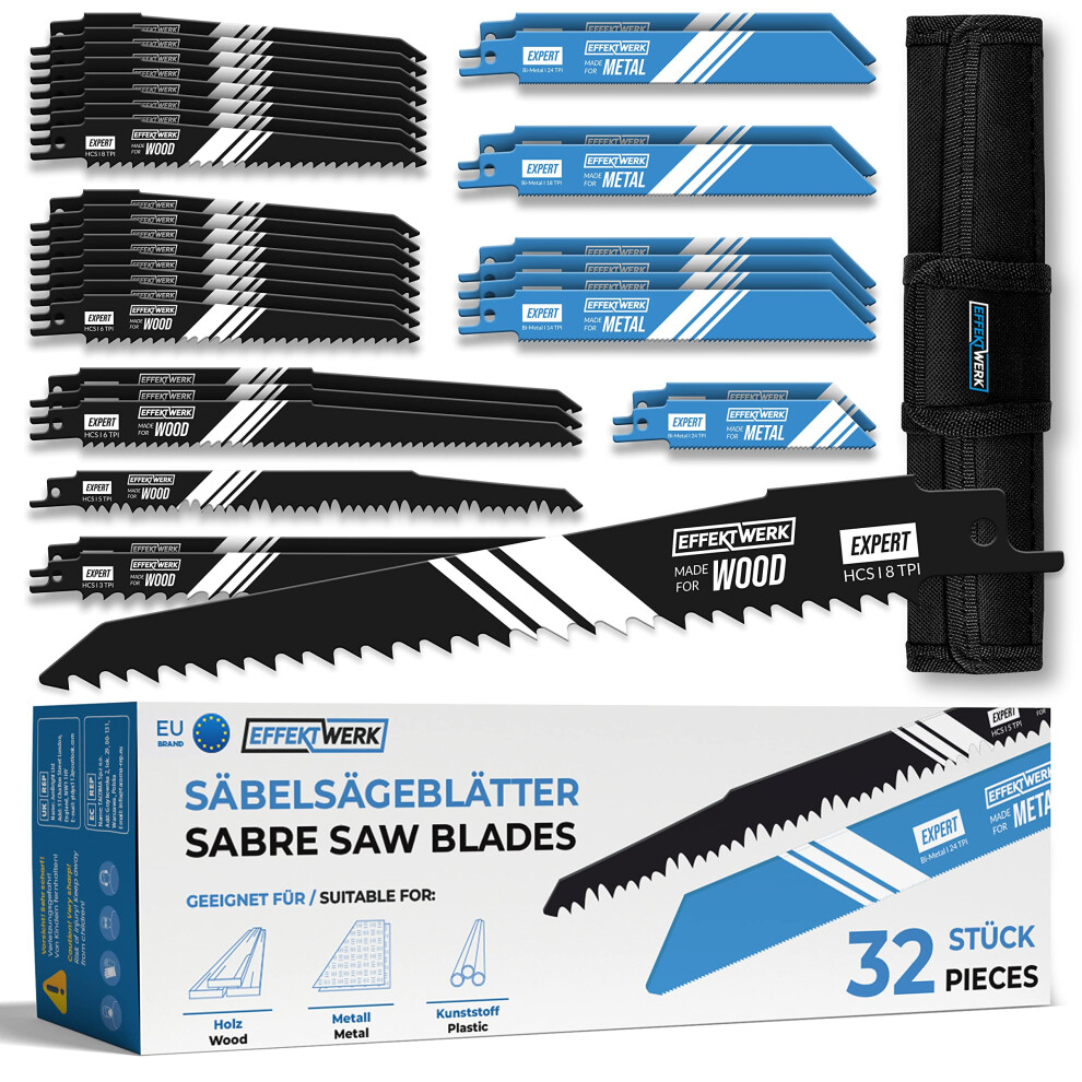 Reciprocating Saw Blades (32 Pieces) w/Storage Case, Carbide Steel Replacement Saw Blade Set for Tree Pruning, HCS &