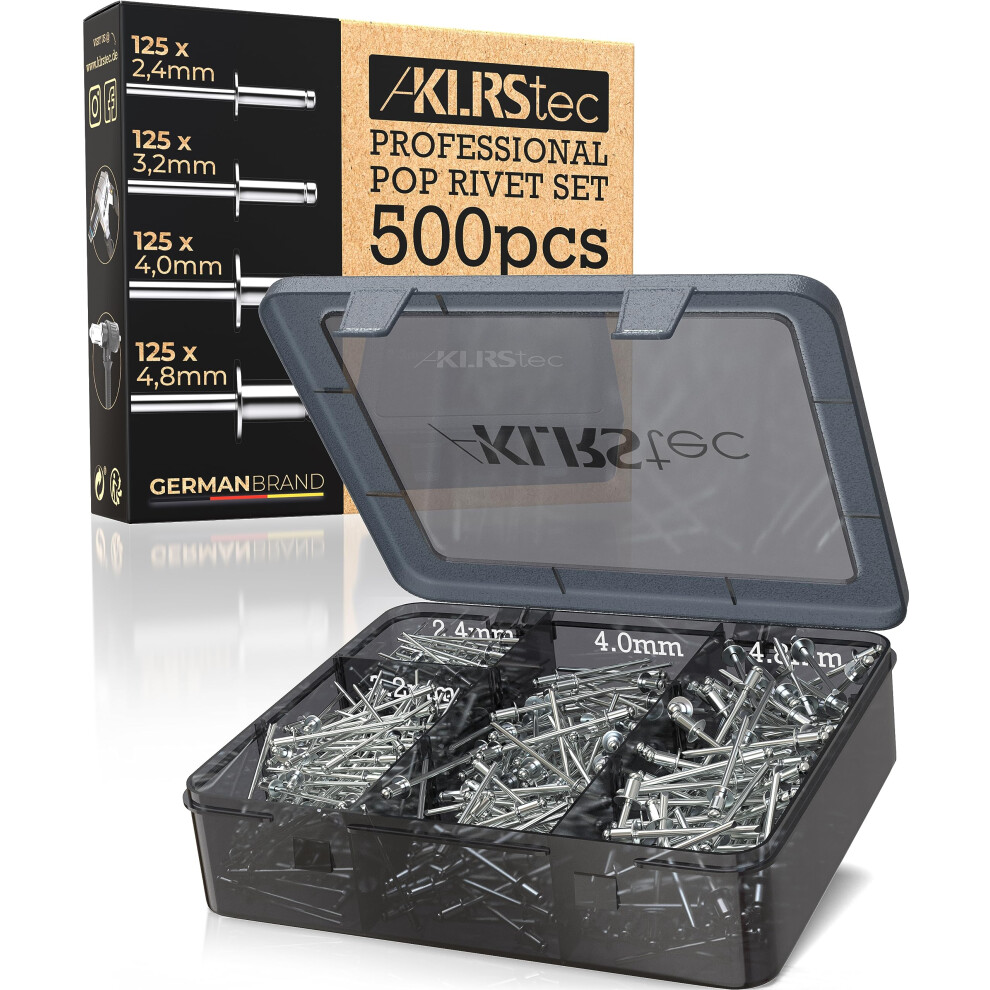Klrstec Professional Pop Rivets Assortment Kit [500Pcs] Aluminum Rivets For Rivet Guns 125Pcs Each Size (2,4Mm, 3,2Mm, 4 4251805203950