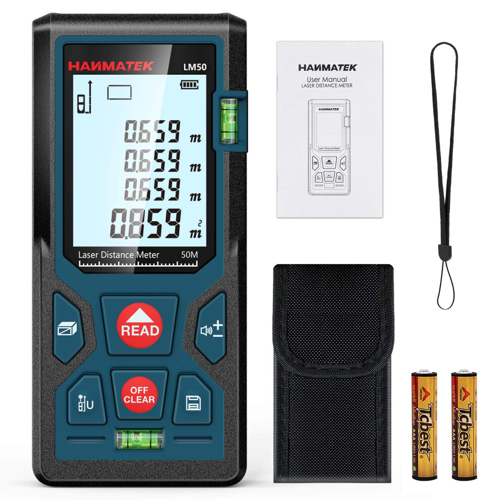 165ft/50m Laser Measure Ft/in/M Switching LM50 Laser Measurement Tool Devices with 2 Bubble Levels Distance Meter,Large