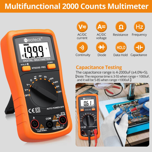 Auto Ranging Digital Multimeter AC/DC Voltage Current Ohm Capacitance Frequency Diode Transistor Audible Continuity, 2