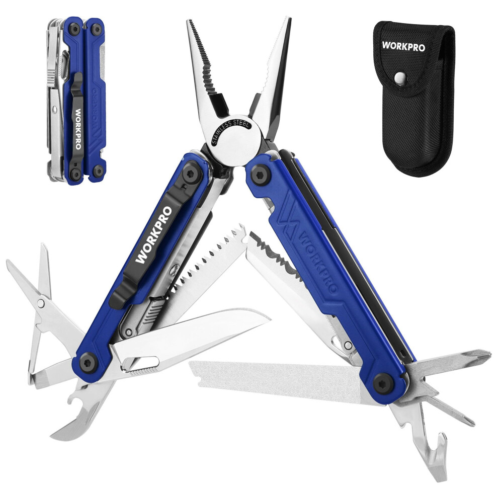 18 in 1 Multi Tool Pliers with Sheath-Blue, Stainless Steel Multi Tool with Carry Bag, Saws, Wood, Metal Files, Multi