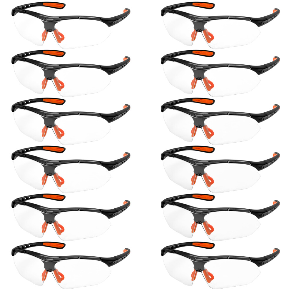 (12 Pack Black & Orange Ce Certified Safety Glasses With Clear Lenses - Wrap-Around Ppe Goggles With Rubber Nose - 5061014883558